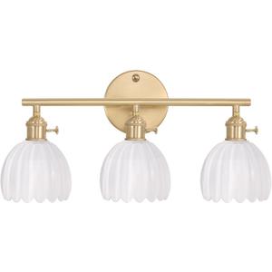 Bathroom Light Fixtures, 3-Light Brass Vanity Wall Light Over Mirror with White Tulip Glass Shade for Bedroom Living Room (Hardwired)