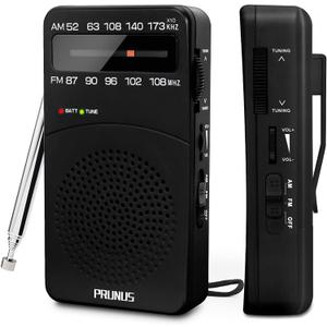 PRUNUS J-166 Portable Radio AM FM, Battery Operated Radio with Tuning Light, Back Clip, Excellent Reception, AM FM Radios Portable, Transistor Radios (Black)