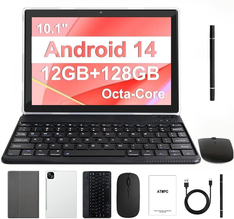 Tablet, 10 Inch Android 14 Tablets 12GB (4+8 Expand) RAM 128GB ROM, 1TB Expandable, Octa-Core Tablet with Keyboard, Mouse, Stylus, 1280 * 800 IPS, 6000mAh Battery, WiFi 6,BT 5.4, Dual Camera
