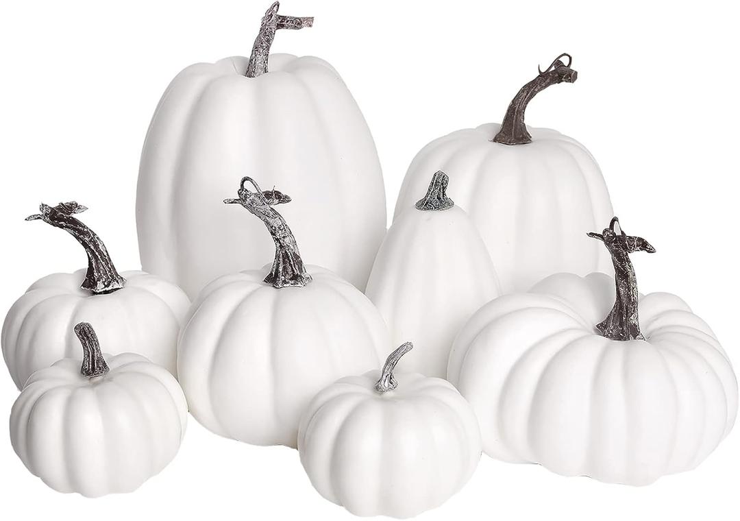 DERAYEE Fall Artificial Pumpkins, White Fake Pumpkins Thanksgiving Decoration Autumn Large Gourds for Halloween Harvest Decor White