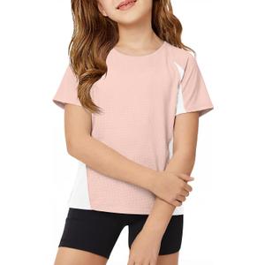 ZDC Kids Girls Athletic T Shirts Color Block Crewneck Gym Yoga Tees Casual Cute Basic Tees 5-14 Years (Pink)