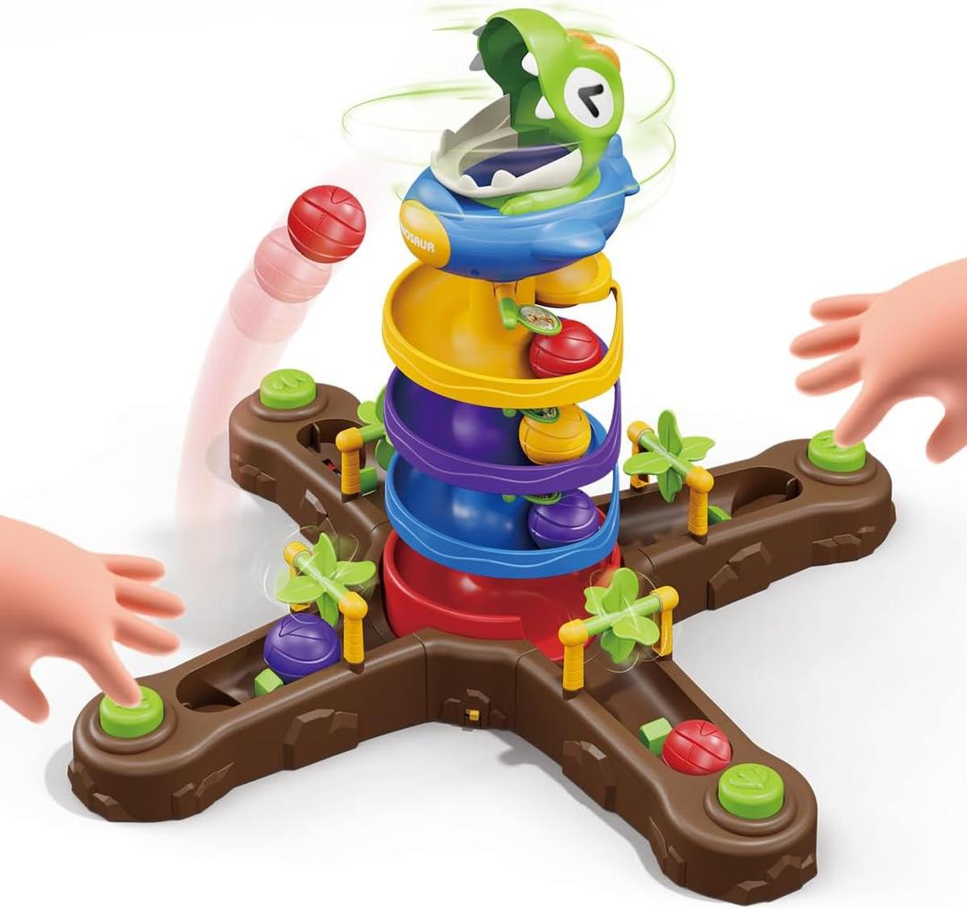 Dinosaur Ball Drop Toys for 1 2 3 4 5 6 7 8 Years Old Kids, Dino Spin Twister Toddlers Toy, Shoot Balls Toddler Montessori Toys Gifts for 1-6 Year Old Boys Girls, 4 Players PK Mode