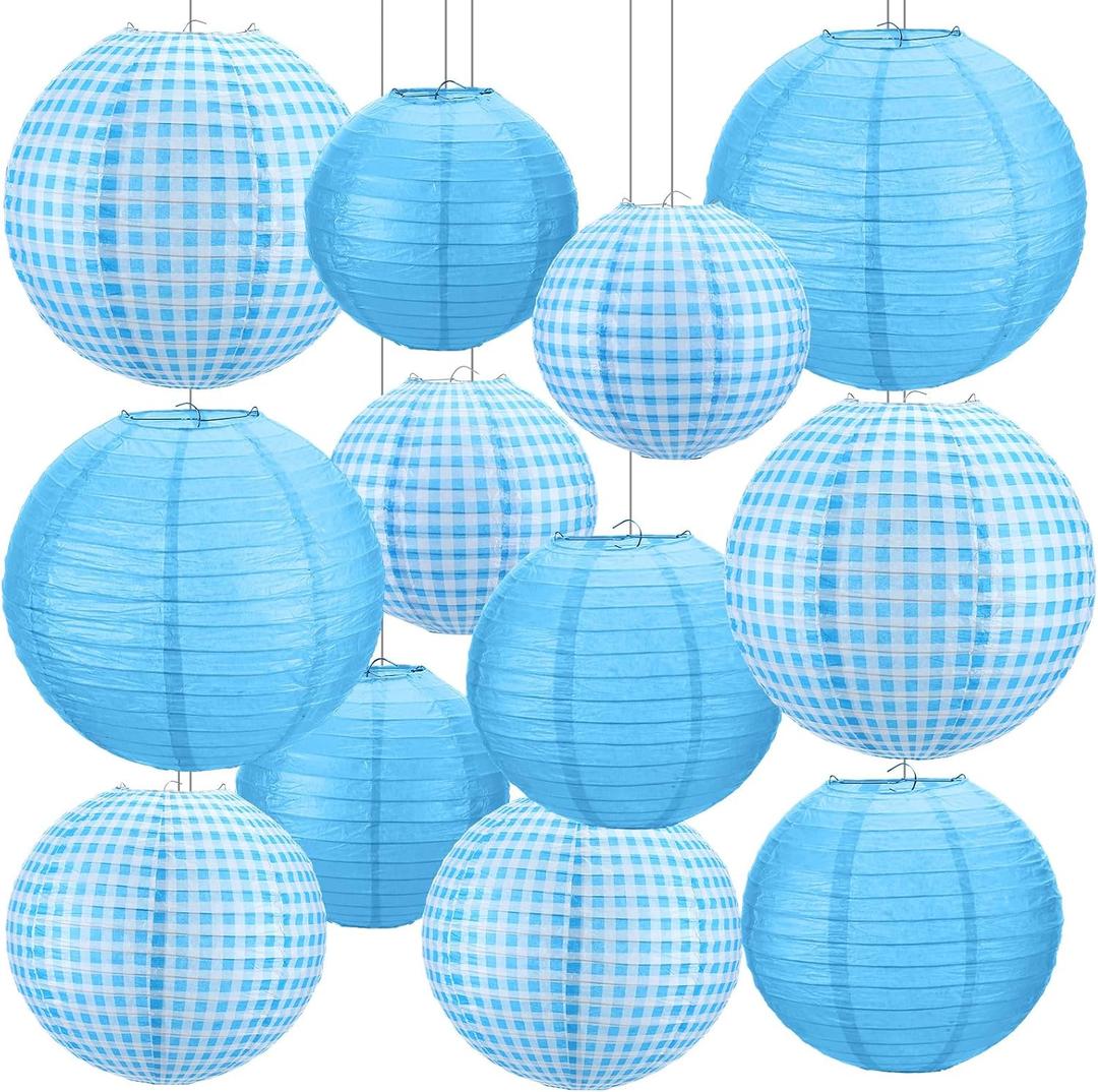12 Pcs Blue Gingham Paper Lanterns Folding Hanging Chinese or Japanese Round Paper Lanterns for Boy Baby Shower, Birthday, Wedding, Picnic, BBQ & Mamma Mia Party Decor