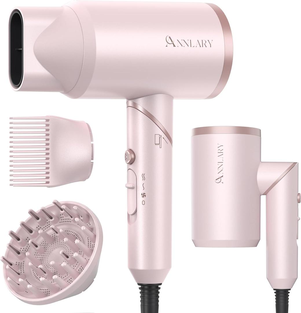 ANNLARY Hair Dryer with Comb | 1800W Blow Dryer with Diffuser for Curly Hair | Plasma Ionic Hairdryer for Frizz Control | Foldable & Protable Design for Travel | 6.5 ft ALCI Cord for Women and Men (Pink)