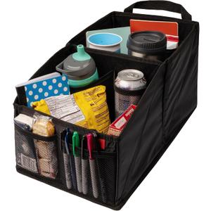 Lusso Gear Car Seat Organizer - Built-In Car Cup Holders & Mesh Pockets - Foldable Back Seat Organizer with Handles - Kids Road Trip Essentials - 9 Compartments, Black Oxford