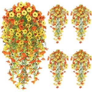 4PCS Artificial Hanging Flowers for Outdoors Summer Decoration, Upgrade UV Resistant Faux Silk Hanging Plants for Outside Home Planter Porch Patio Decor (Orange&Yellow)