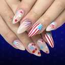 4th of July Press on Nails Medium Almond Patriotic Fake Nails with American Flag, Star, Fireworks & Cherry Designs, Independence Day Stick On Nails for Women 24Pcs
