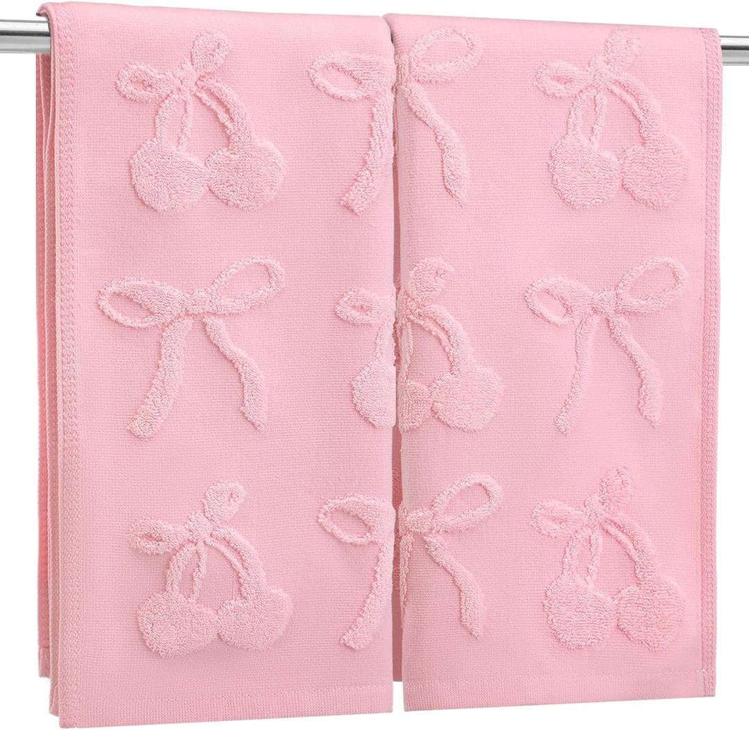 2 Pcs Pink Cherry Bow Hand Towels for Bathroom Cute Pink 100% Cotton Absorbent Decorative Jacquard Weave Bath Towels Coquette Bathroom Kitchen Decor, 13. 7 x 29. 5 Inch