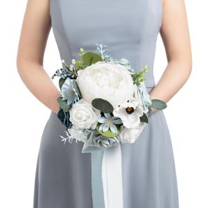 Ling's moment Dusty Blue Artificial Wedding Flower Bouquets for Bridesmaids White Floral Bouquet Light Blue Bridal Bouquets for Bridesmaids with Ribbon Ceremony Anniversary,7-inch Diameter