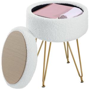 Storage Ottoman Round Footrest Stool, Vanity Chair Faux Teddy Fur with Storage, Dressing Table Seat, Modern Multifunctional Chairs,12.6" x12.6"x17.4",Cream White UASND51W