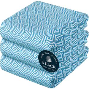 Turquiose Blue Kitchen Towels Set of 3, Durable & Super Absorbent Dishcloths Pack, 100% Cotton, Reusable, Durable, Quick Dry Towels for Daily Kitchen Use, Wiping & Drying Dishes