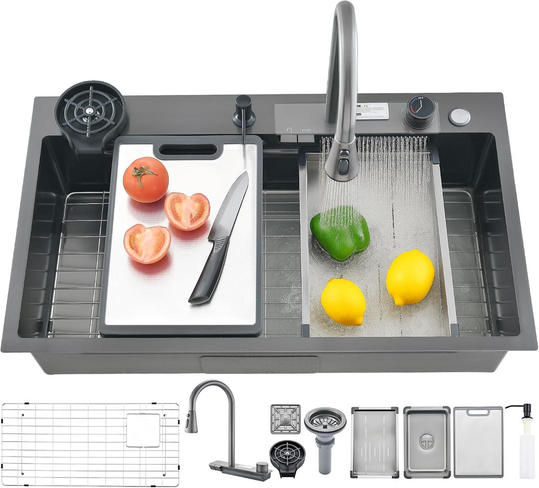 34" x 19.7" Black-Gray Waterfall Kitchen Sink, Drop In Stainless Steel Modern Single Bowl Sink with Pull-Out Spray Faucet, Cup Washer & Accessories