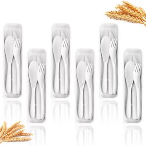 Homienly Reusable Wheat Straw Cutlery with Case, 6 Sets Wheat Straw Portable Knife Fork Spoons Tableware, Unbreakable Ttavel Utensils with Case, Lunch Utensils Set for Work, Picnic(White)