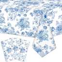 3 Pieces 54x108 Inch Blue White Floral Rectangle Plastic Tablecloth, Disposable Elegant Flower Design Table Cover for Wedding, Bridal Shower, Baby Shower, Birthday, and Garden Tea Party Decorations