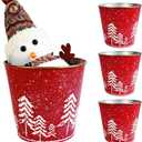4 Pcs Christmas Metal Buckets for Gifts, 5.7" Red Galvanized Tin Candy Bucket Beverage Tub for Xmas Decor Home Storage Table Centerpiece, Farmhouse Pails Christmas Tree Planter Pot (Christmas Tree)