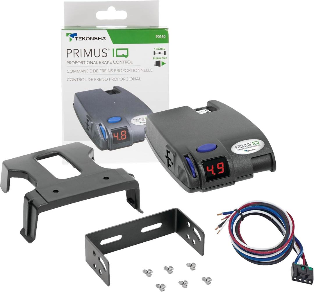 Tekonsha 90160 Primus IQ, Proportional Brake Controller for Trailers with 1-3 Axles, compatible with Ford, GM, Chevy, Dodge, RAM, Toyota, Jeep. Wiring Harness Sold Separately.