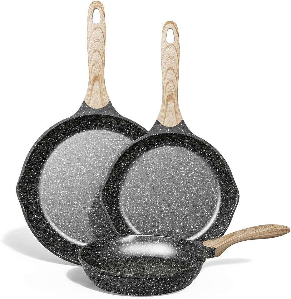 JEETEE Nonstick Frying Pans Set, Nonstick Omelette Skillet Set 3 Pcs, 8" 9.5" 11" Granite Non-Stick Frying pan with Bakelite Handle, Compatible with All Stovetops (Gas, Electric & Induction), Grey (Gray)