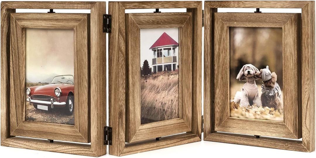 Emfogo 4x6 Picture Frame Rustic Wood Hinged Folding Triple Picture Frames Collage, Double-Sided Display Rotatable High Definition Glass Photo Frame for Home TableTop(Carbonized Black)