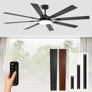 72 Inch Ceiling Fans with Lights and Remote, Dual Color 8 Blades, Bedroom Living Room Office Library Cafe Outdoor Industrial, 5CCT Dimmable, 6 Speed Reversible Quiet DC Motor, Black/Wood Grain