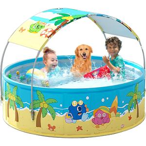 Foldable Swimming Pool with Canopy for Kids 62.9"x17.7" Hard Plastic Portable Dog Pool Anti-Slip Collapsible Pets Bathtub Kiddie Pool Indoor Outdoor Backyard (JellieMons 63'')
