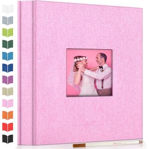 Artfeel Photo Album Self Adhesive Scrapbook Album for 3x5 4x6 5x7 8x10 Pictures,40 Pages Linen Cover with Display Window DIY Photo Book,Ideal Gifts for Family Travel Wedding Baby (Pink)