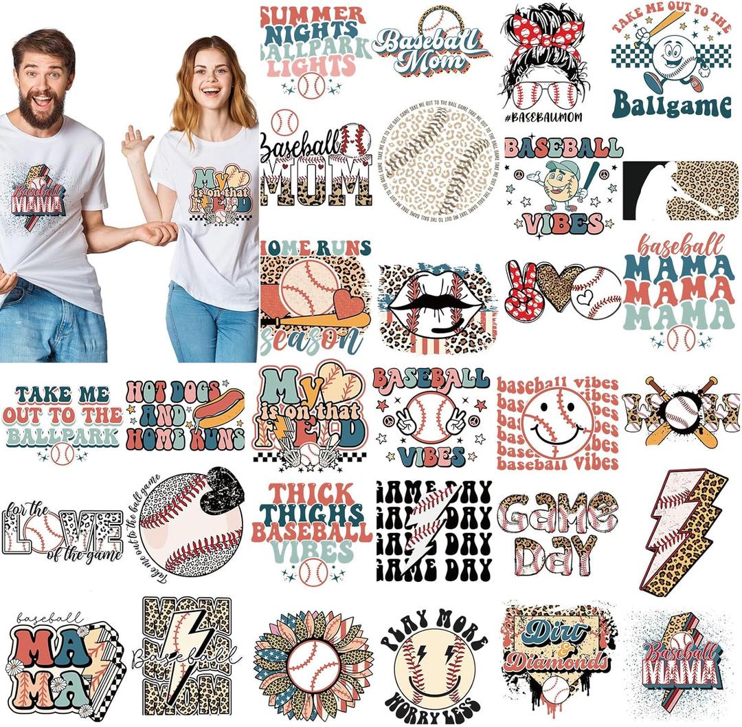 Zhanmai 30 Pcs Baseball Iron on Transfers Vinyl Iron on Decal Retro Ball Sport Iron on Patches Heat Transfers Sublimation Transfers Ready to Press for T Shirts Jacket Bag Hat DIY Sticker