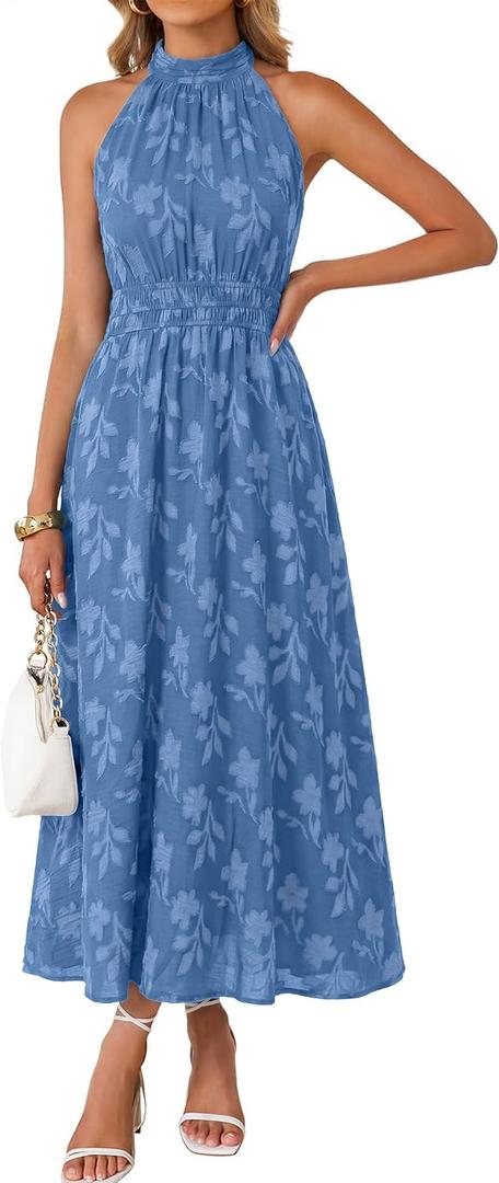 Simplee Womens Summer Halter Maxi Dress Boho Floral Wedding Guest Dress Flowy Sleeveless Long Sundresses with Pockets (Blue, S)