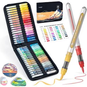 JusArt 36 Colors Acrylic Paint Markers with Canvas Bag, Water-Based No-Bleed Paint Pens with Automatic Ink Control, Waterproof Brush Tip Markers for DIY Art & Crafts -Fabric, Rock, Wood, Glass, Metal