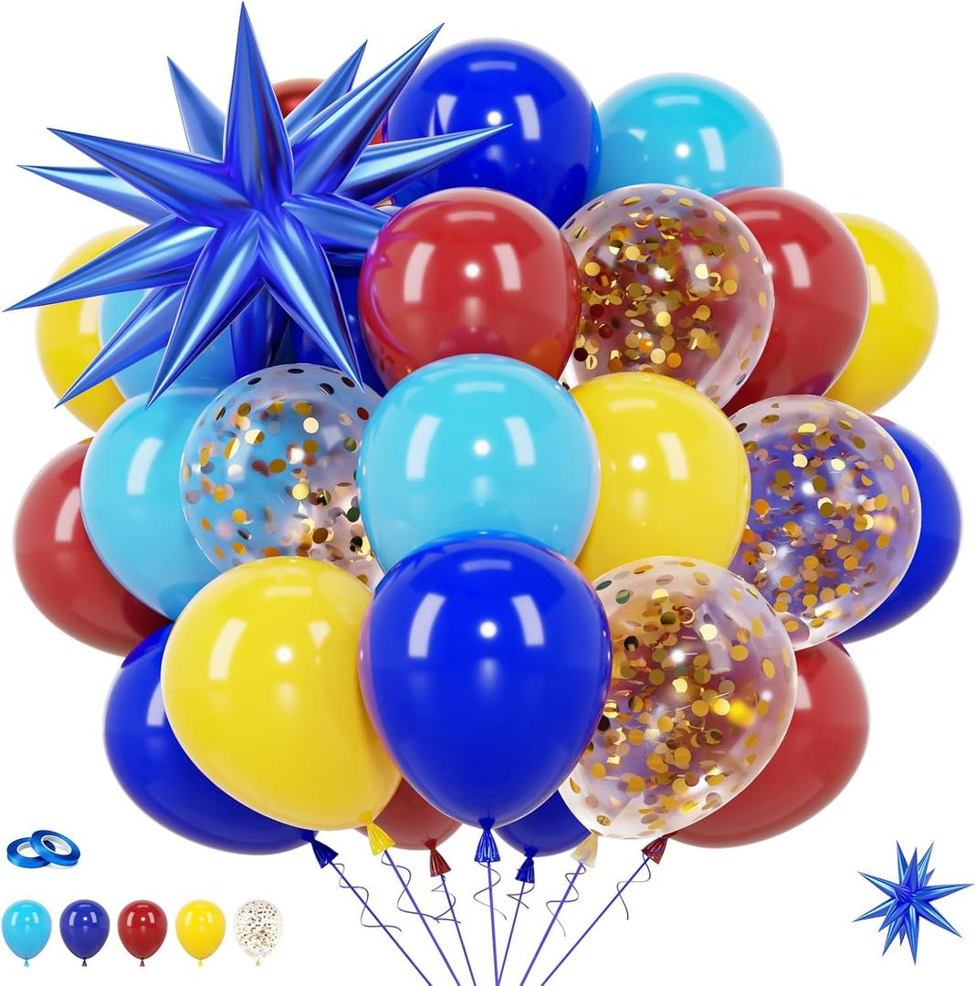52pcs Red Blue Yellow Balloon Set, 12 Inch Star Foil and Confetti Balloons, Cartoon Video Game Themed Decorations for Sweet One Birthday Party Supplies, Baby Shower, Backdrop Decor for Boys Girls