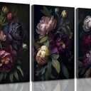3 Pcs Moody Floral Canvas Wall Art Vintage Dark Peony Flowers Botanical Still Life Painting Picture Wall Decor Poster Print Artwork for Living Room Bedroom Women Room Home Decoration (24L" x 16W")