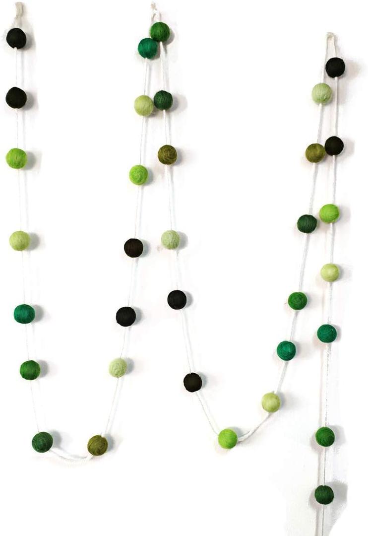 9FT Long 35 Wool Felt Balls (20mm), 100% Wool Felt Ball Adjustable Pom Pom Garland, Green Handmade for Birthday Party Easter Room Decoration