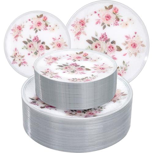 LIYH 60 Pcs Floral Plastic Plates Disposable Spring Plates 30 10.25" Dinner & 30 7.5" Dessert Plate Flower Plate Heavy-Duty BPA-Free Vintage Floral Design for Wedding Birthday Party Tea Party
