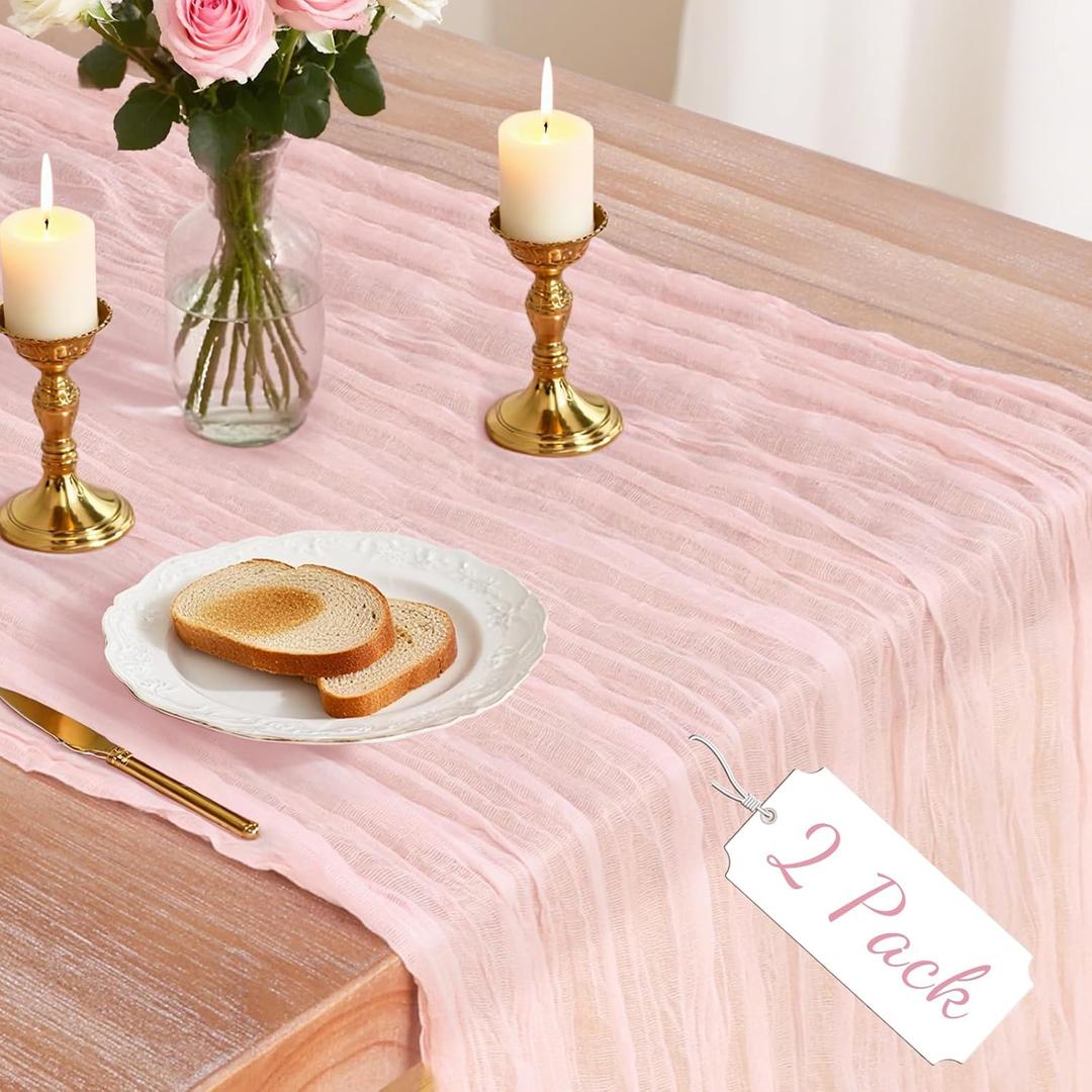 2 Pack Pink Cheesecloth Table Runner, 10Ft Boho Gauze Cheese Cloth Table Runners for Wedding, Party, Dinner, Baby Shower, 120 Inches Long Table Runner for Valentine's Day, Easter, Mother's Day Decor, 35 Inches X 120 Inches