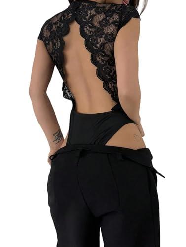 SweatyRocks Women's Sexy Floral Lace Trim Bodysuit Backless Deep V Neck Lingerie Jumpsuit Sheer Date Night Romper, Black, Small