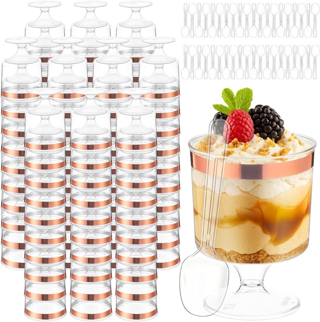 200 Pcs Dessert Cups with Spoons Small Plastic Goblets Disposable Parfait Pudding, Mousse, Appetizer Cups Set for Wedding Valentine's Day Party(Goblet,Rose Gold Rim)