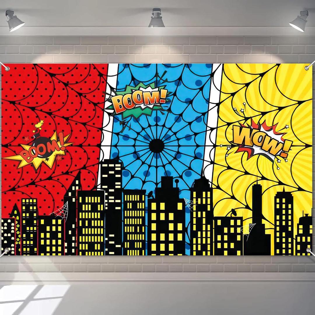 Spider Backdrop Spider Web Decoration, Super Heros Birthday Decorations, 5 * 3.3 ft Photography Backdrops for Kids Party Supplies Happy Birthday Party Decorations (Color-4)