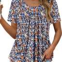Angerella Women Tunic Tops Dressy Casual Summer Short Sleeve Shirts Floral Loose Fit Pleated Boho Top S-3XL (L)