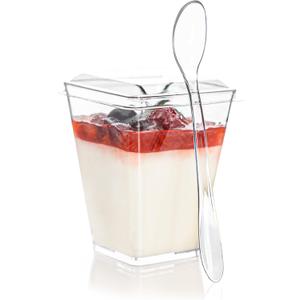 20 Pack 5oz Mini Dessert Cups with Soopns and Lids, Clear Square Dessert Bowls Small Plastic Parfait Cup Appetizer Cup for Wedding Party