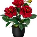 Hollyone Artificial Plants & Flowers with Vase Red Roses Artificial Flowers Small Potted Plant Faux Silk Flower with Black Pot Fake Rose Flower Arrangement Office Shelf Desk Home Decor 11 Inch