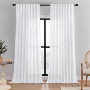 DaysU White Linen Curtains 108 Inches Long for Living Room 2 Panels Farmhouse Boho Privacy Light Filtering Semi Sheer Curtain Drapes for Bedroom Rod Pocket Hook Belt White Curtains 108 Inch Length