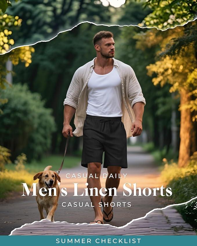 1 Pack Men's Big and Tall Cotton Linen 9" Inseam Shorts Drawstring Summer Casual Beach Bermuda with Pockets  3XL