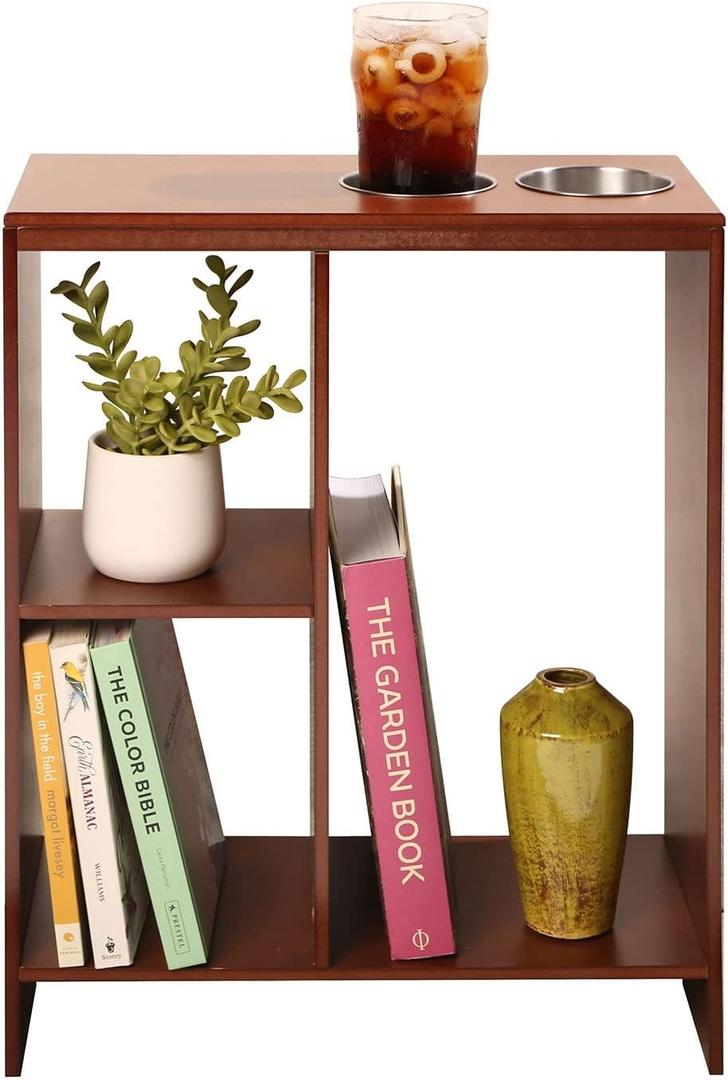 Slim End Table, End Tables with Drink Holders, Narrow Side Table with Storage, Walnut Finish Slim End Tables for Small Spaces Brown 7.75 Inch x 20 Inch x 24 Inch