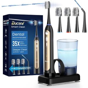 Electric Toothbrush with Water Flosser, 3 Sonic Toothbrush Modes & 5 Water Flossing Pressure for Deep Clean, IPX7 Waterproof for Shower, Rechargeable Flosser for Braces Sensitive Gums, 4 Heads (Black & Gold)