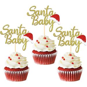 24pcs Glitter Christmas Santa Baby Cupcake Toppers, Christmas Hat Cupake toppers First Cake Decorations for Baby Shower Birthday Party Supplies (Baby B)