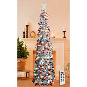 5FT Pop Up Christmas Tinsel Tree with 8 Rmote Lights Modes - Collapsible Colorful Sequin Artificial Christmas Pencil Trees Decorations for Home Apartment Party Fireplace Indoor Outdoor