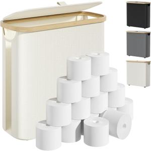 Toilet Paper Storage with Lid and Handle, 16 Roll Toilet Paper Basket Bathroom Standing Organizer, Folding Storage Bag with Foot Base, Slim Holder Container for Rolling Tissue, Towel, Toys - Beige (35L)