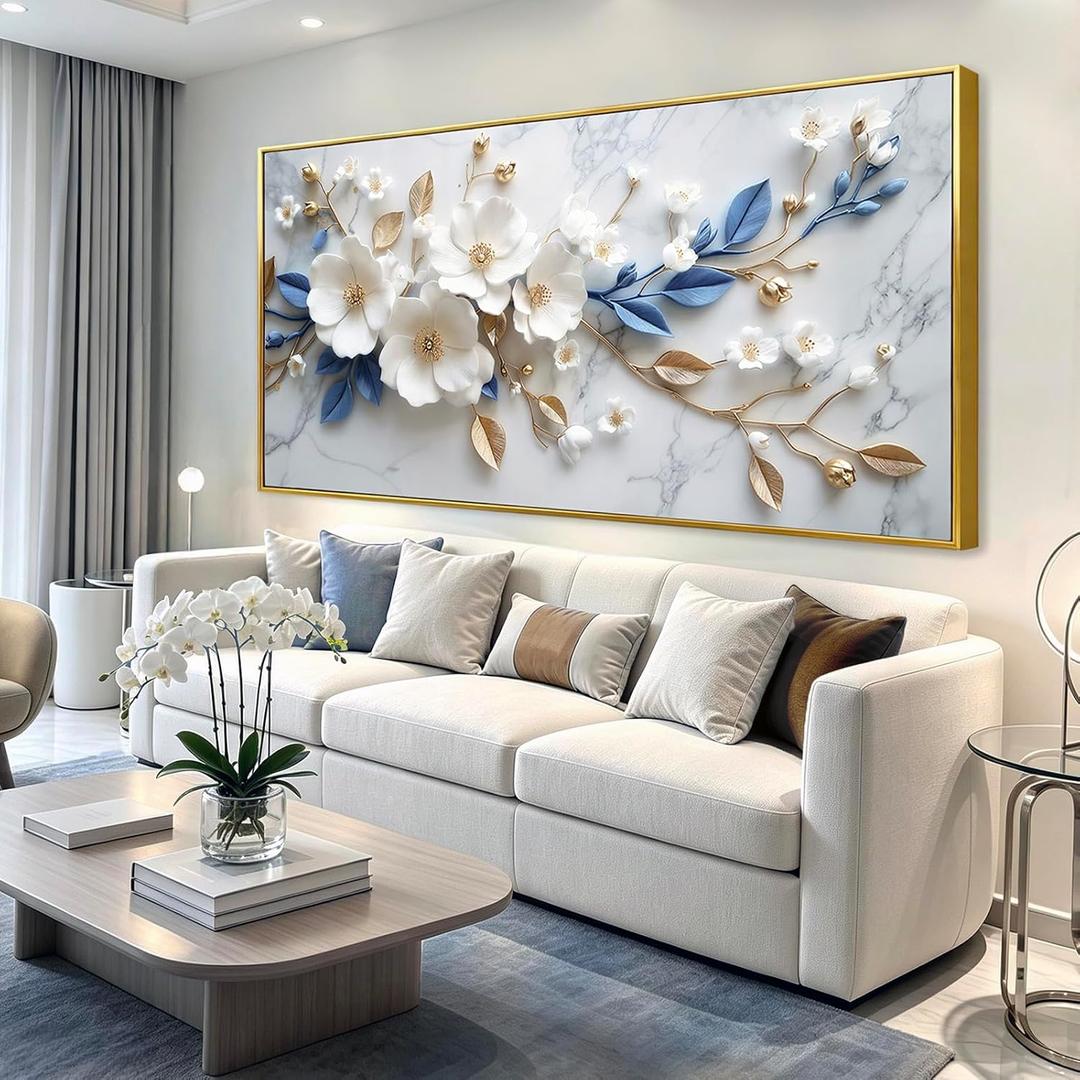 Modern Gentle Floral Canvas Wall Art, Framed Flower Wall Decor with Hooks, Ready to Hang for Living Room & Office 20x40 inches