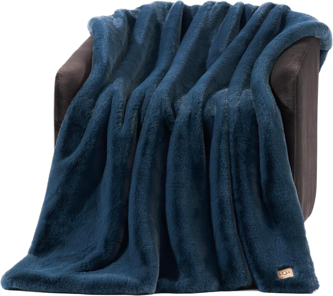 UGG Euphoria Faux Fur Throw Blanket, Soft Warm Throw Blankets for Couch or Bed, Luxury Bedroom Decor, Giftable Fuzzy Blankets, Machine Washable, 50-inch x 70-inch, Indigo Blue