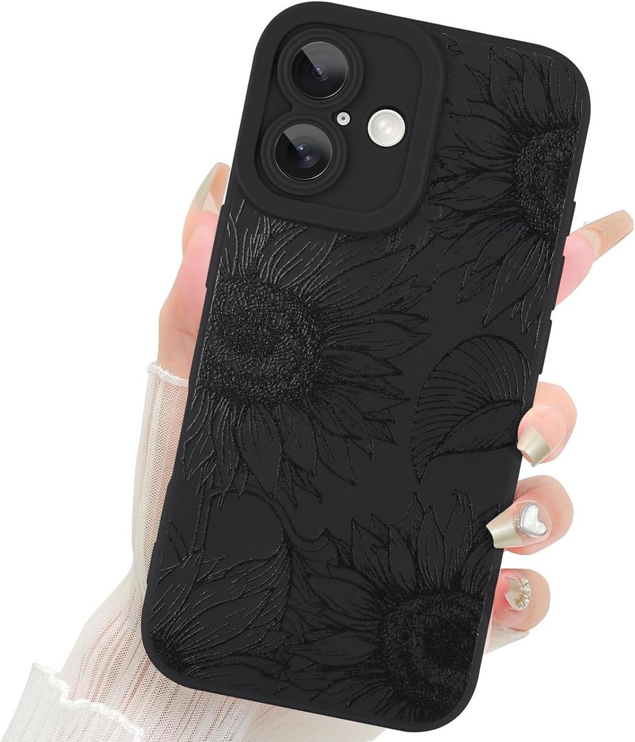 Fiyart Designed for iPhone 16 Plus Case Cute Flower Floral Sunflowers Design,Soft Slim TPU Anti-Scratch Phone Cover for Women Girls 6.7"-Black