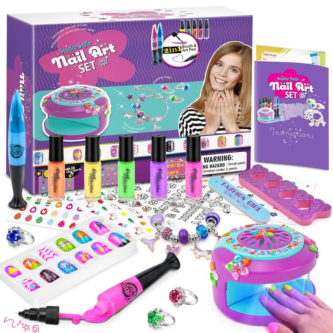 Kids Nail Polish Set for Girls, DIY Nail Art Kit Toys with Nail Dryer,Fake Nail,Nail Sticker,Peelable Nail Polish, Non-Toxic Quick Dry Nail Art Salon Toys for Girls Age 6-12